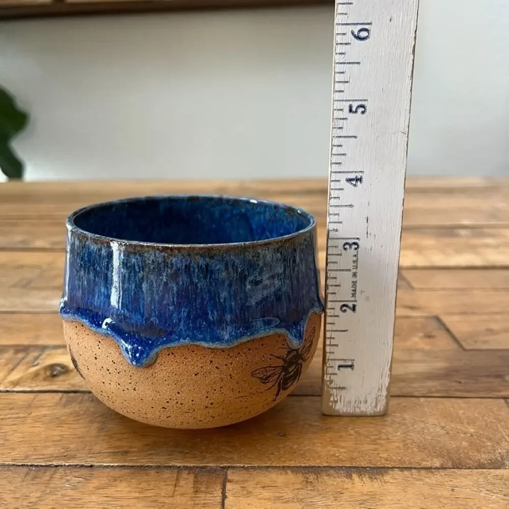 Handmade Stoneware Bowl Speckled Glossy Blue Drip Glaze Black Bees